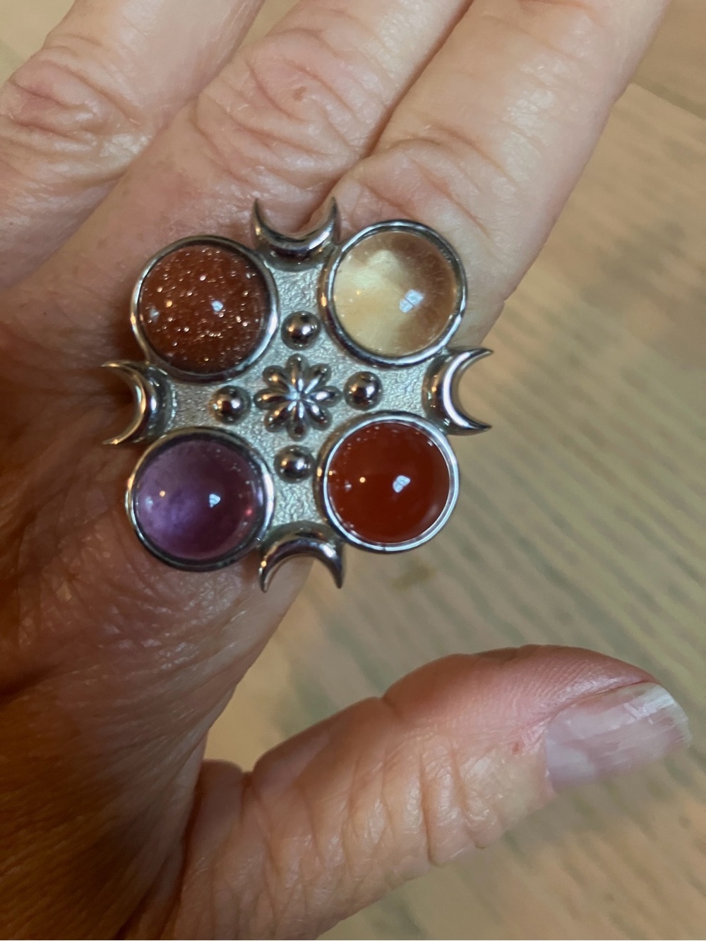 Multi-Stone Crescent Motif Statement Ring - Purple, Orange, Cream, Red
